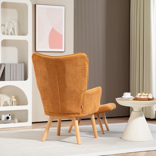 Fauteuil à Oreilles Avec Repose-pieds, Tissu Côtelé Tufté, Pieds Bois, Haut Dossier, Brun