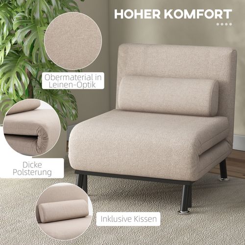 Fauteuil Convertible En Lin, Coussin De Dos, Dossier Réglable, Beige
