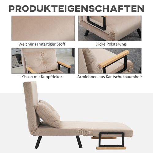Canapé-lit Relax Avec Fonction Lit, Coussins, Dossier Inclinable, Beige, 63x73x81 Cm, Pour Salon