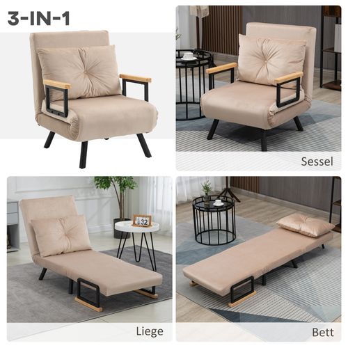 Canapé-lit Relax Avec Fonction Lit, Coussins, Dossier Inclinable, Beige, 63x73x81 Cm, Pour Salon