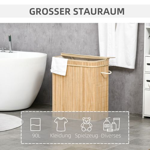 Panier à Linge En Bambou Avec Couvercle Et Poignées, 90l, 2 Compartiments, 54,2 X 35,2 X 59,5 Cm