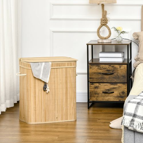 Panier à Linge En Bambou Avec Couvercle Et Poignées, 90l, 2 Compartiments, 54,2 X 35,2 X 59,5 Cm