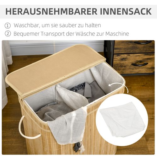Panier à Linge En Bambou Avec Couvercle Et Poignées, 90l, 2 Compartiments, 54,2 X 35,2 X 59,5 Cm