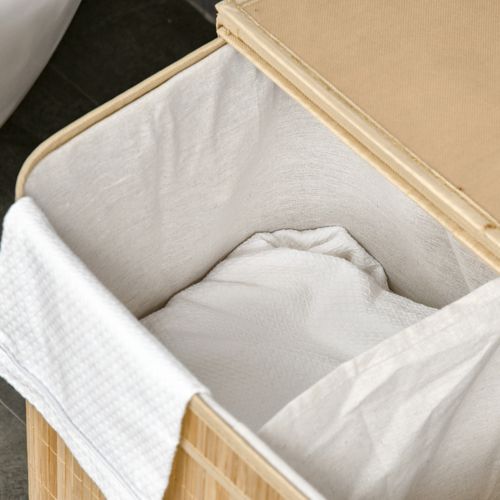 Panier à Linge En Bambou Avec Couvercle Et Poignées, 90l, 2 Compartiments, 54,2 X 35,2 X 59,5 Cm