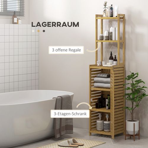 Étagère De Salle De Bain En Bambou Avec Compartiment Et 3 Étagères Ouvertes, Bois Naturel