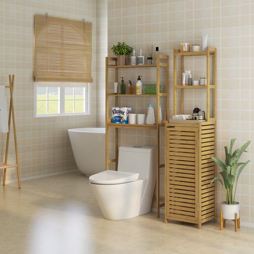 Étagère De Salle De Bain En Bambou Avec Compartiment Et 3 Étagères Ouvertes, Bois Naturel