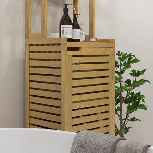 Étagère De Salle De Bain En Bambou Avec Compartiment Et 3 Étagères Ouvertes, Bois Naturel