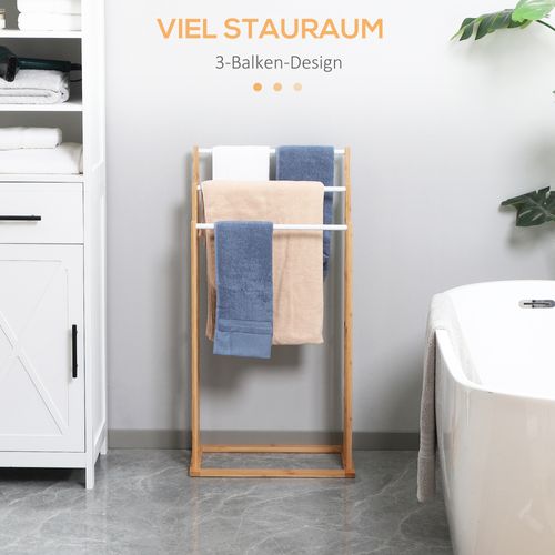 Porte-serviettes Freestanding En Bambou 3 Barres 48x25,8x94cm Idéal Pour Salle De Bain