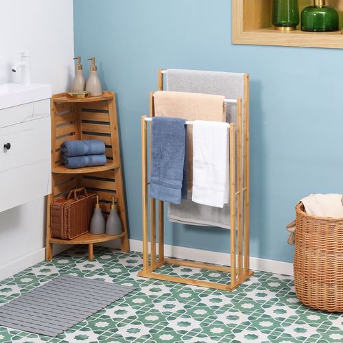 Porte-serviettes Freestanding En Bambou 3 Barres 48x25,8x94cm Idéal Pour Salle De Bain