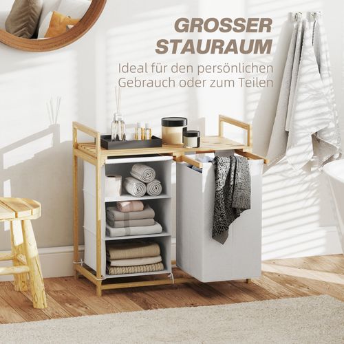 Corbeille à Linge En Bambou Avec 4 Compartiments, 2 Sacs Amovibles, 83l, Blanc