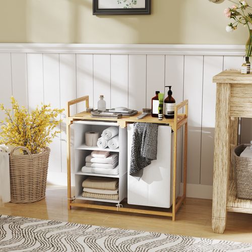 Corbeille à Linge En Bambou Avec 4 Compartiments, 2 Sacs Amovibles, 83l, Blanc