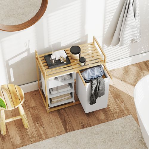 Corbeille à Linge En Bambou Avec 4 Compartiments, 2 Sacs Amovibles, 83l, Blanc