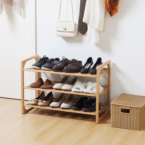 Rangement à Chaussures En Bambou 3 Niveaux Avec Poignée Pour 9 Paires 76 X 33 X 51 Cm Naturel