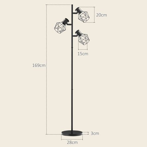 Lampadaire Métal 3 E27 40 W Avec 3 Flammes Réglables, Noir, Hauteur 169 Cm