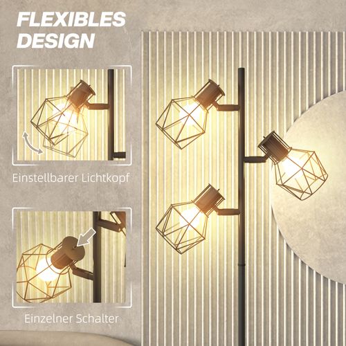 Lampadaire Métal 3 E27 40 W Avec 3 Flammes Réglables, Noir, Hauteur 169 Cm