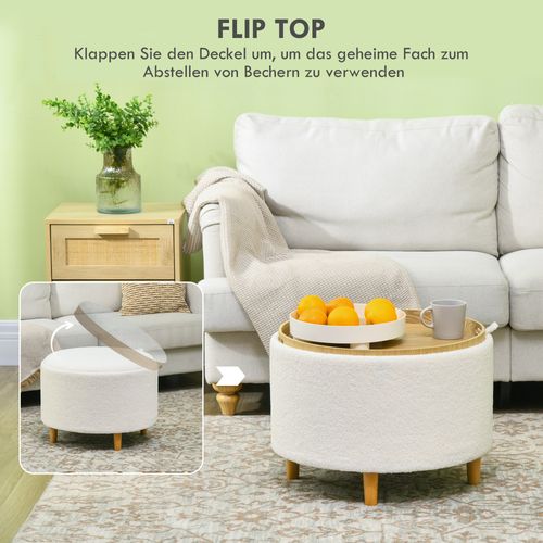 Hocker Rond En Bois Avec Rangement Et Couvercle Rabattable, Blanc