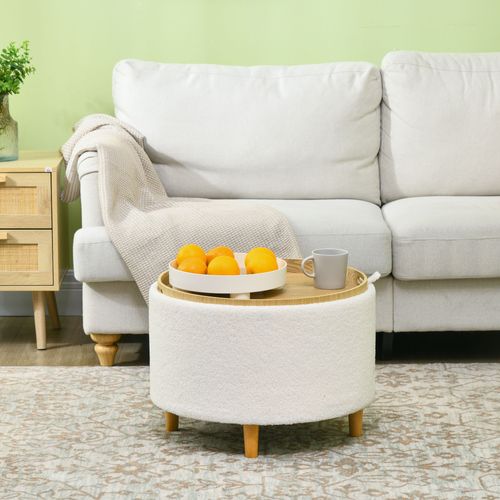 Hocker Rond En Bois Avec Rangement Et Couvercle Rabattable, Blanc