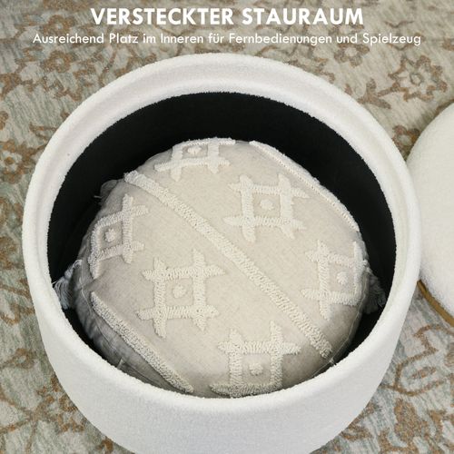 Hocker Rond En Bois Avec Rangement Et Couvercle Rabattable, Blanc