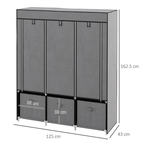 Armoire Pliable En Tissu, Tissu Non Tissé, Avec Fermeture Éclair, Gris Foncé, 125x43x162,5cm