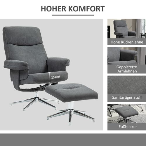 Fauteuil Relax Avec Repose-pieds, Tissu Effet Velours, Jusqu’à 150 Kg, Salon, Gris Foncé