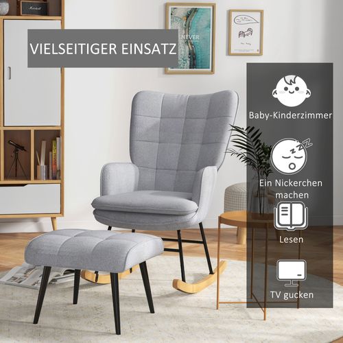 Fauteuil à Bascule Avec Repose-pieds, Lin, Jusqu’à 130 Kg, Gris Clair