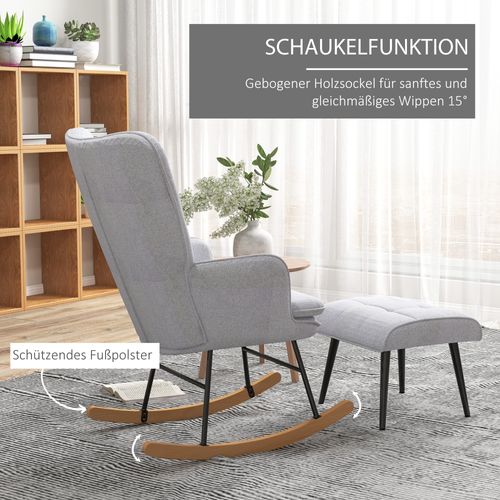Fauteuil à Bascule Avec Repose-pieds, Lin, Jusqu’à 130 Kg, Gris Clair