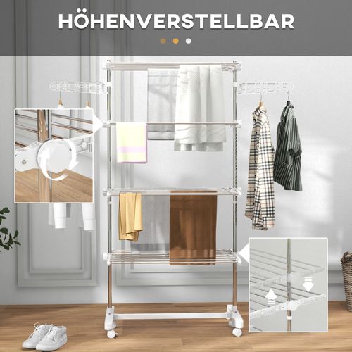 Séchoir à Linge Mobile En Abs Pliable Avec 4 Niveaux, Roulettes, Ailettes, Blanc