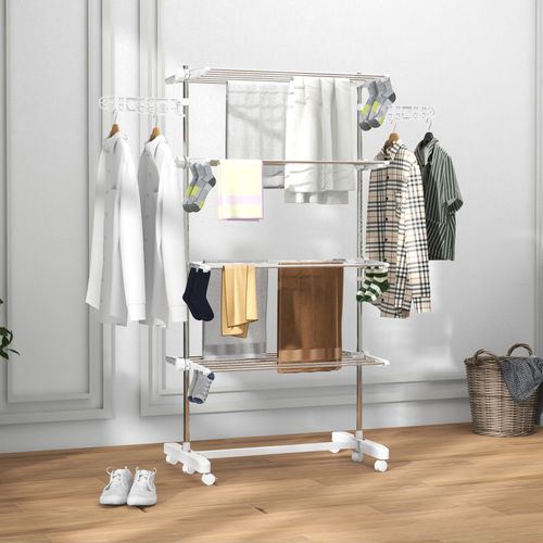 Séchoir à Linge Mobile En Abs Pliable Avec 4 Niveaux, Roulettes, Ailettes, Blanc