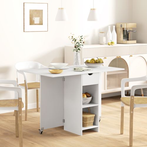 Table Pliante Mobile Pour 2-4 Personnes, Avec Rangement Ouvert Et 1 Tiroir, 114,5 X 70 X 75 Cm