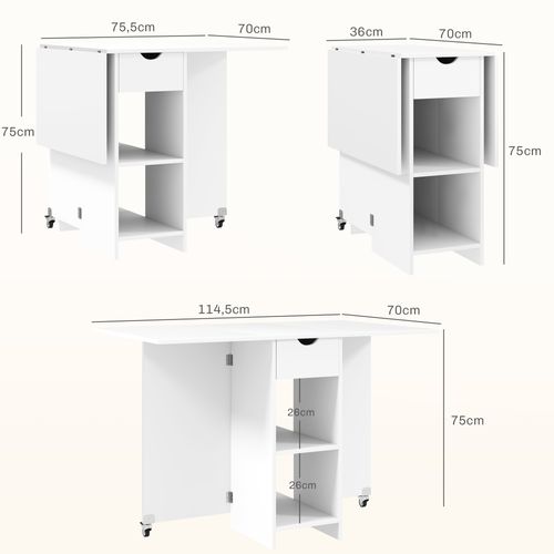 Table Pliante Mobile Pour 2-4 Personnes, Avec Rangement Ouvert Et 1 Tiroir, 114,5 X 70 X 75 Cm