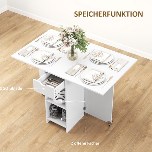Table Pliante Mobile Pour 2-4 Personnes, Avec Rangement Ouvert Et 1 Tiroir, 114,5 X 70 X 75 Cm