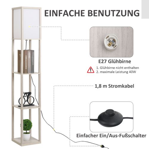Lampadaire Mdf Et Acrylique Avec 3 Étagères, E27 Jusqu'à 40w, Érable Et Blanc
