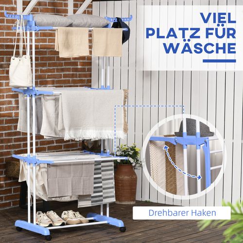 Séchoir à Linge En Acier Extensible Roulable 4 Niveaux Pour Intérieur Et Extérieur, Bleu