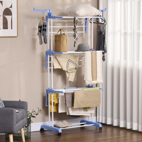 Séchoir à Linge En Acier Extensible Roulable 4 Niveaux Pour Intérieur Et Extérieur, Bleu