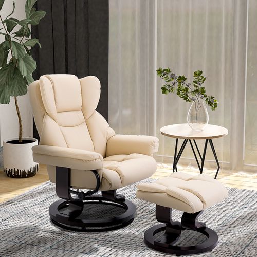 Fauteuil Relax Avec Repose-pieds, Pivotant, Inclinable, Similicuir, Pour Salon, Crème
