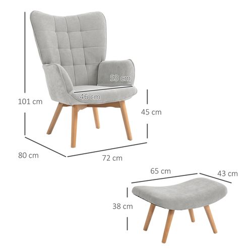 Fauteuil Oreiller En Tissu Côtelé, Avec Repose-pieds, Accoudoirs Bois, Pour Salon, Gris