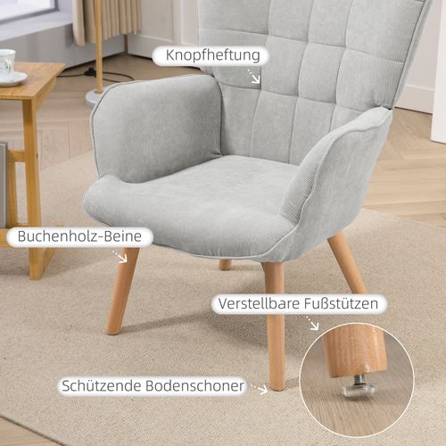 Fauteuil Oreiller En Tissu Côtelé, Avec Repose-pieds, Accoudoirs Bois, Pour Salon, Gris