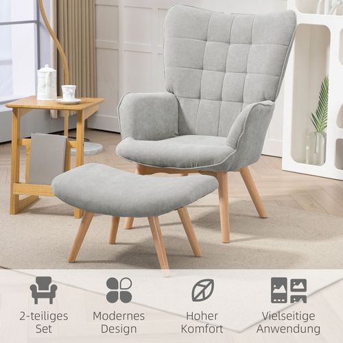 Fauteuil Oreiller En Tissu Côtelé, Avec Repose-pieds, Accoudoirs Bois, Pour Salon, Gris