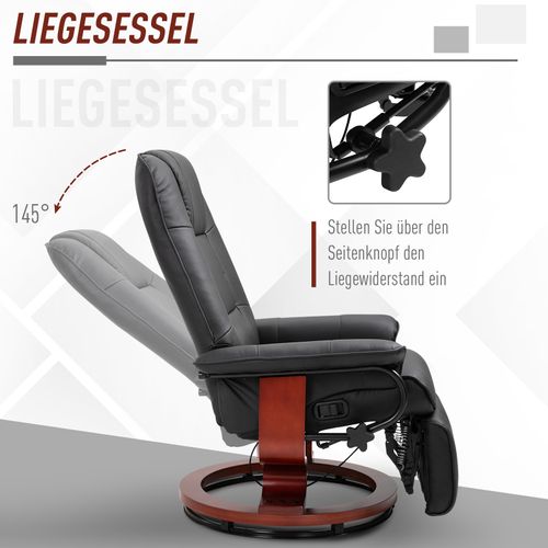 Fauteuil Relax Inclinable 145°, Similicuir, Repose-pieds, Pivotant, Base Bois, Noir