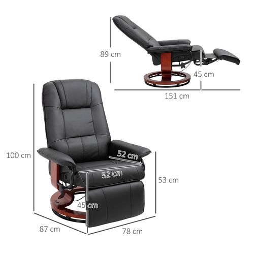 Fauteuil Relax Inclinable 145°, Similicuir, Repose-pieds, Pivotant, Base Bois, Noir