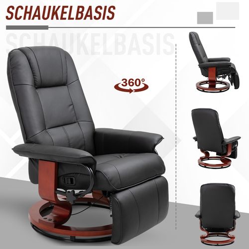 Fauteuil Relax Inclinable 145°, Similicuir, Repose-pieds, Pivotant, Base Bois, Noir