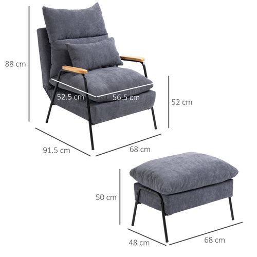 Fauteuil Oreiller Avec Repose-pieds, Dossier Inclinable, Coussin, TV, Rembourré, Gris