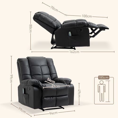 Fauteuil Relax Électrique En Similicuir Bois Et Acier 94x99x99 Cm Avec Fonction Massage ,noir