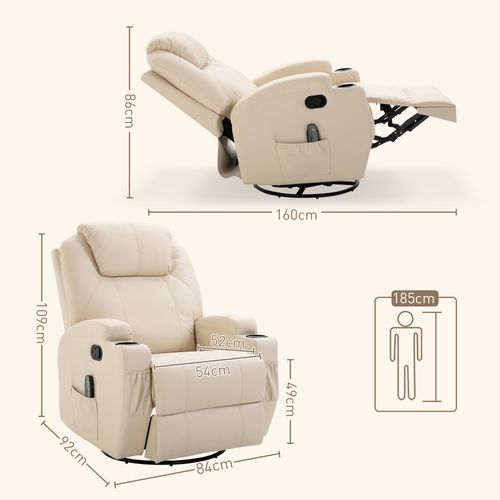 Fauteuil Massant Électrique, 5 Modes, Fonction Relax, Similicuir, Inclinable, Crème