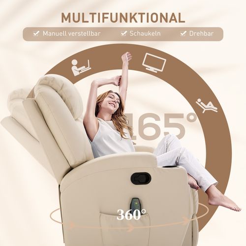 Fauteuil Massant Électrique, 5 Modes, Fonction Relax, Similicuir, Inclinable, Crème