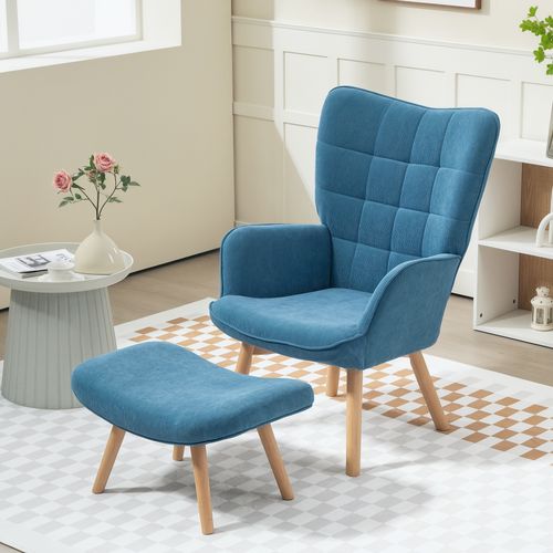 Fauteuil à Oreilles Avec Repose-pieds, Tissu Côtelé Tufté, Pieds Bois, Haut Dossier, Bleu