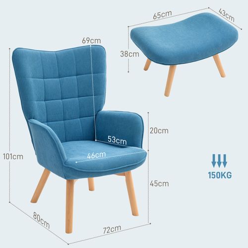 Fauteuil à Oreilles Avec Repose-pieds, Tissu Côtelé Tufté, Pieds Bois, Haut Dossier, Bleu