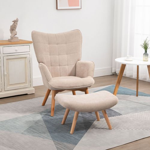 Fauteuil Oreiller En Tissu Côtelé, Avec Repose-pieds, Pieds Bois, Pour Salon, Beige