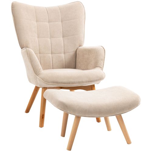 Fauteuil Oreiller En Tissu Côtelé, Avec Repose-pieds, Pieds Bois, Pour Salon, Beige