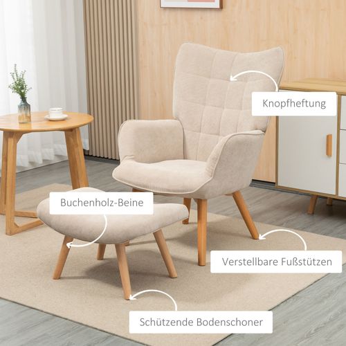 Fauteuil Oreiller En Tissu Côtelé, Avec Repose-pieds, Pieds Bois, Pour Salon, Beige